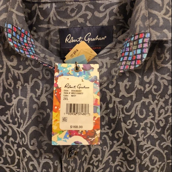 Robert Graham Navy Shirt with Vibrant Collar - Picture 2 of 5